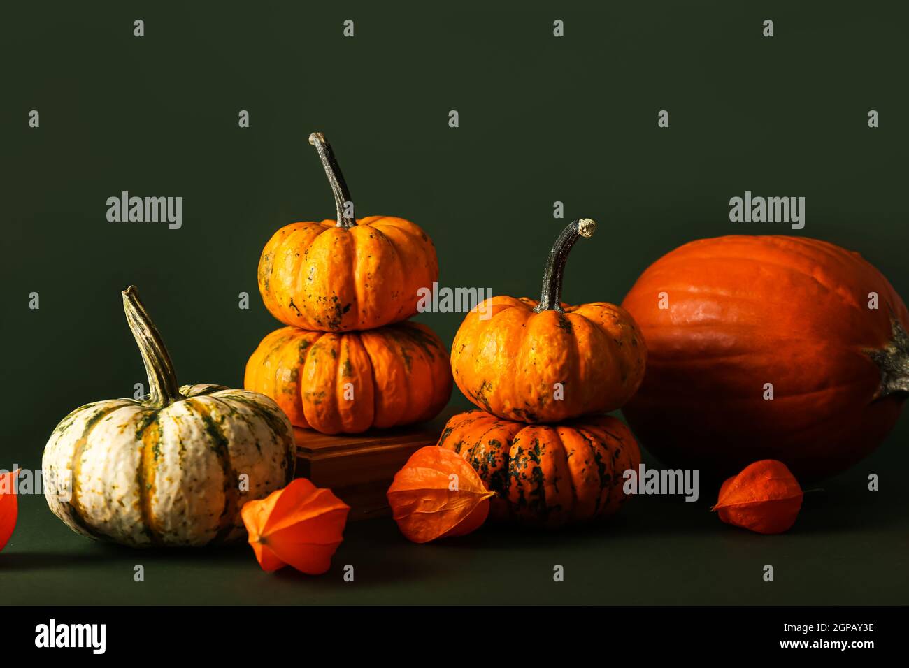 Composition with different pumpkins and physalis on color background ...