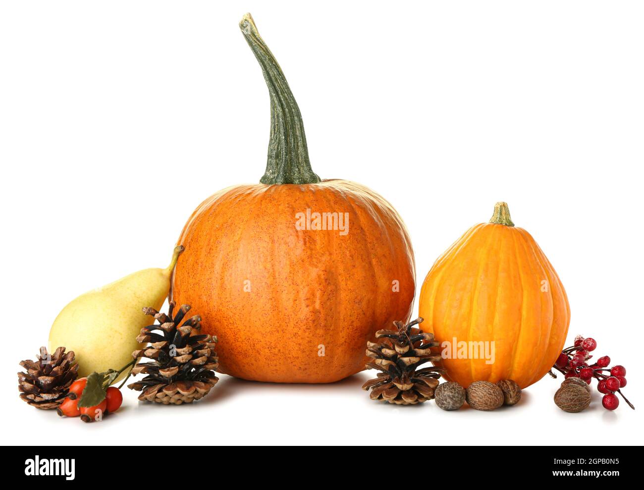 Autumn composition with pumpkins and pear on white background Stock ...