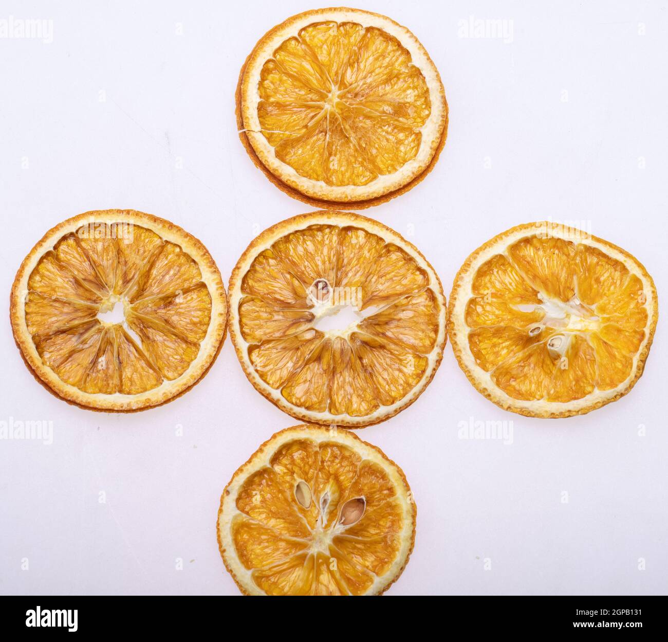 Dried orange slices. Dehydrated crispy fruits for decorating dishes for