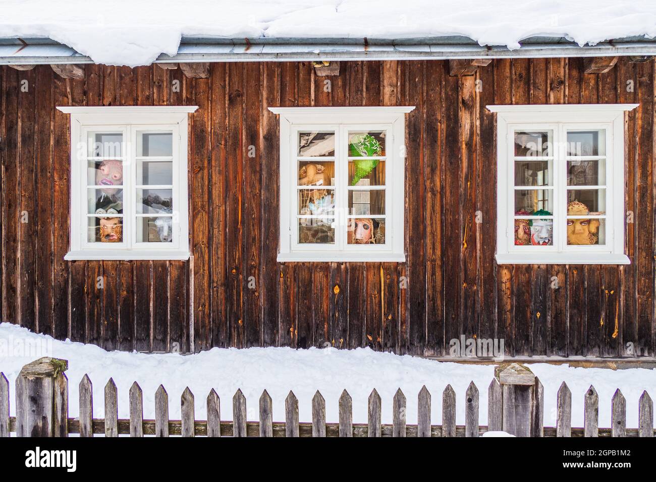 Old Wooden Log House with Windows Stock Photo - Alamy