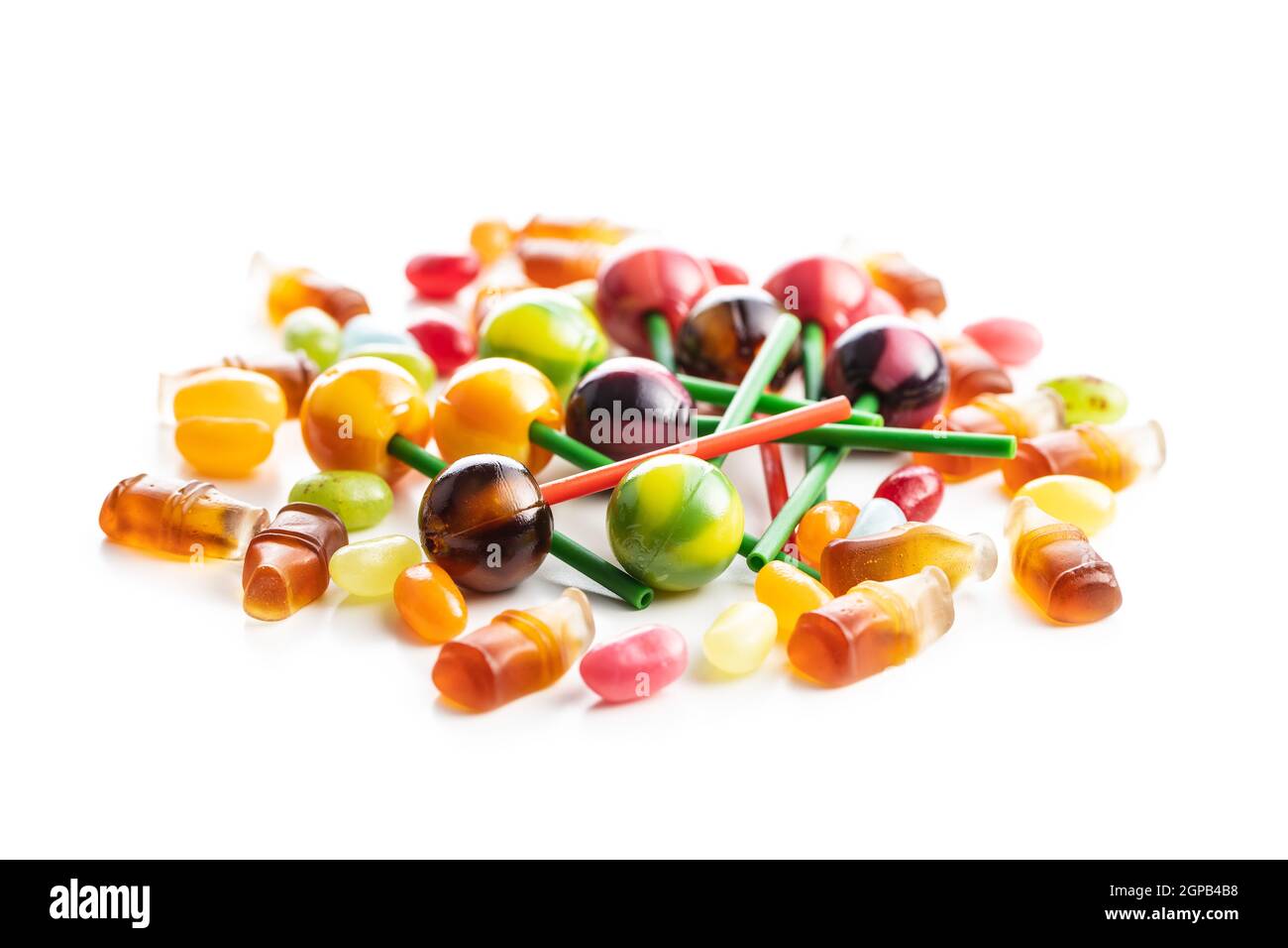 Various colorful candies. Lollipops, jelly beans and gummy bonbons isolated on white background. Stock Photo