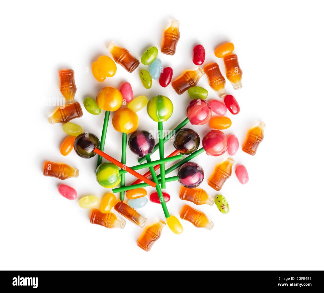 Various colorful candies. Lollipops, jelly beans and gummy bonbons isolated on white background. Stock Photo