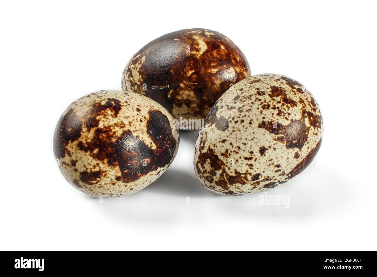Three quail eggs isolated on white background. Stock Photo