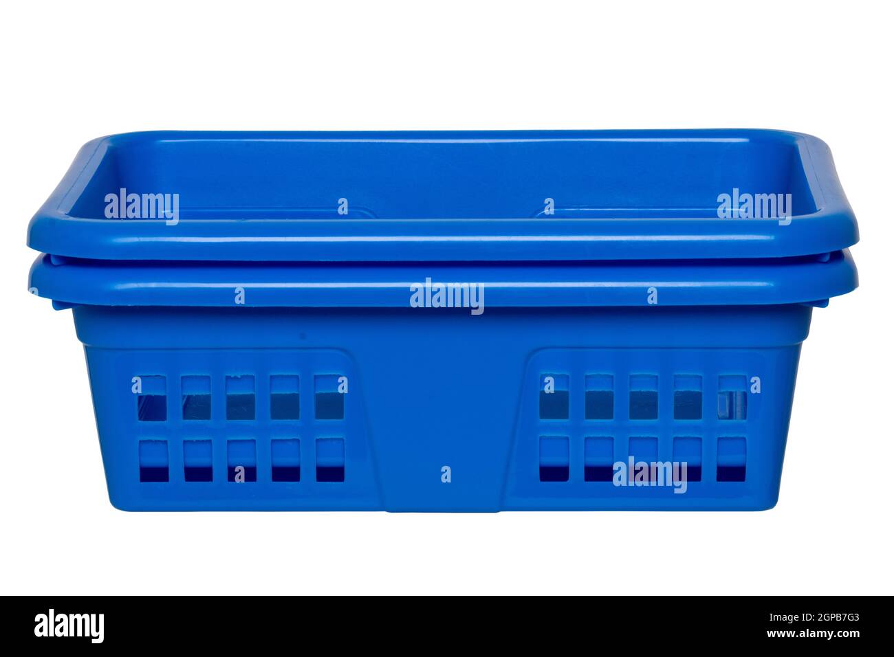 Empty basket isolated. Two empty blue rectangular stacked plastic laundry baskets isolated on a white background. Household equipment. Clipping path. Stock Photo