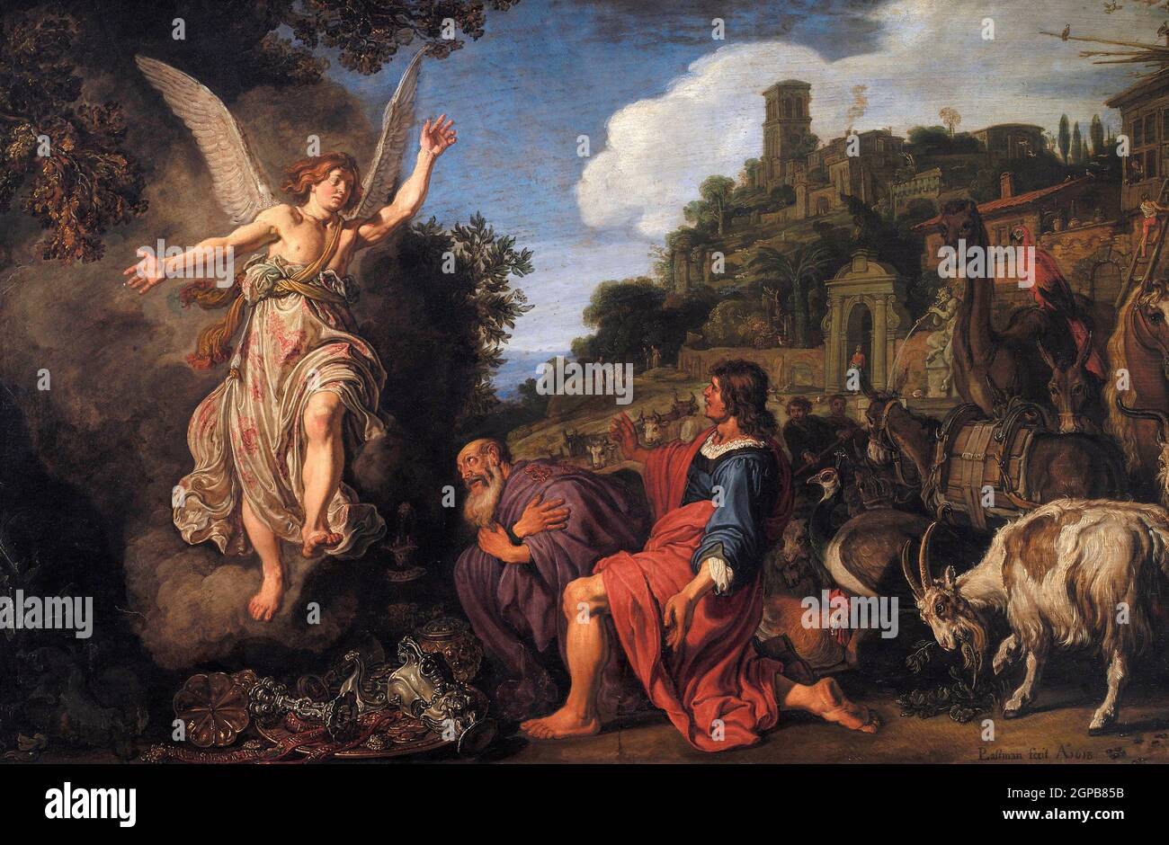 The Angel Raphael Takes Leave of Old Tobit and his Son Tobias  - Pieter Lastman, 1618 Stock Photo