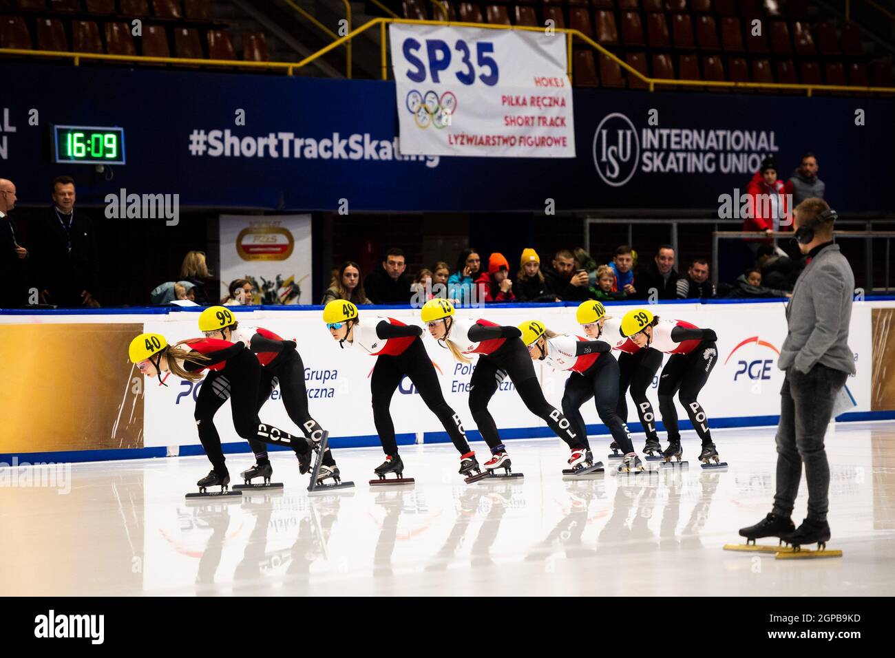 Poland women's short track team seen in action during the Short Track