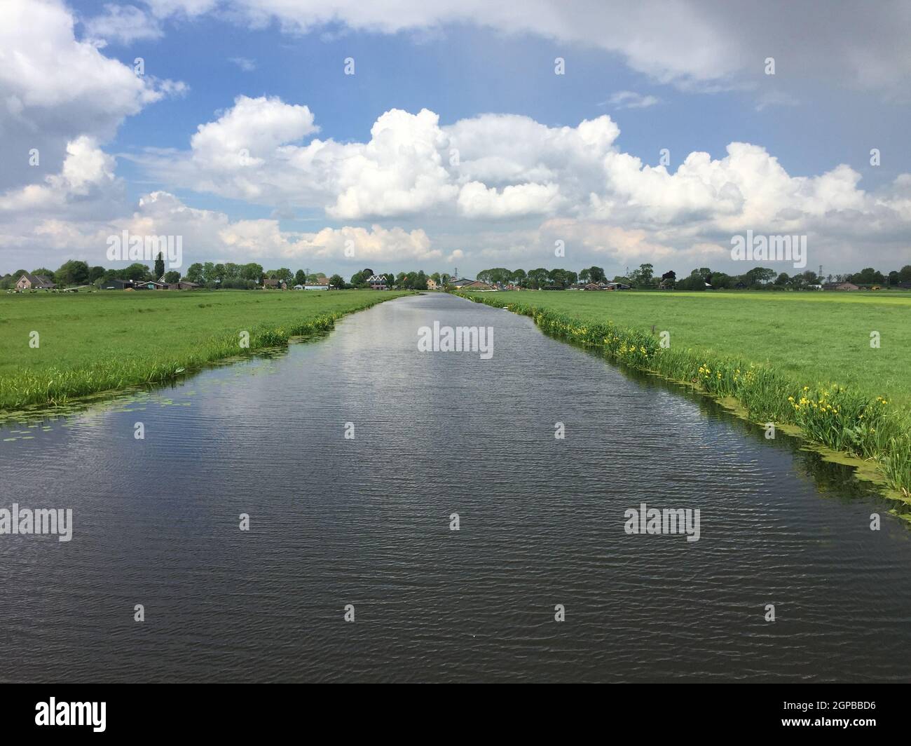 Scenic view of a river surrounded by green meadows on a cloudy sky ...