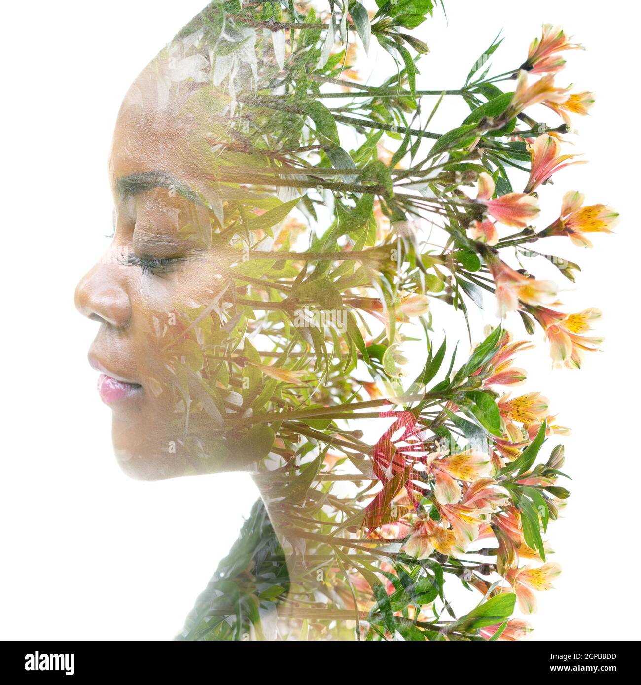 Double exposure portrait of a young woman combined with flowers Stock ...
