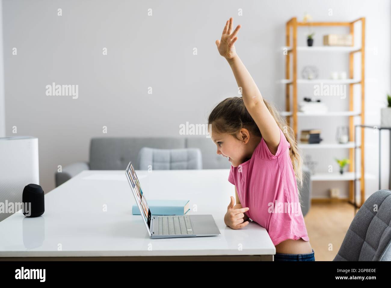 Virtual Video Conferencing Call Child Raising Hand Stock Photo - Alamy