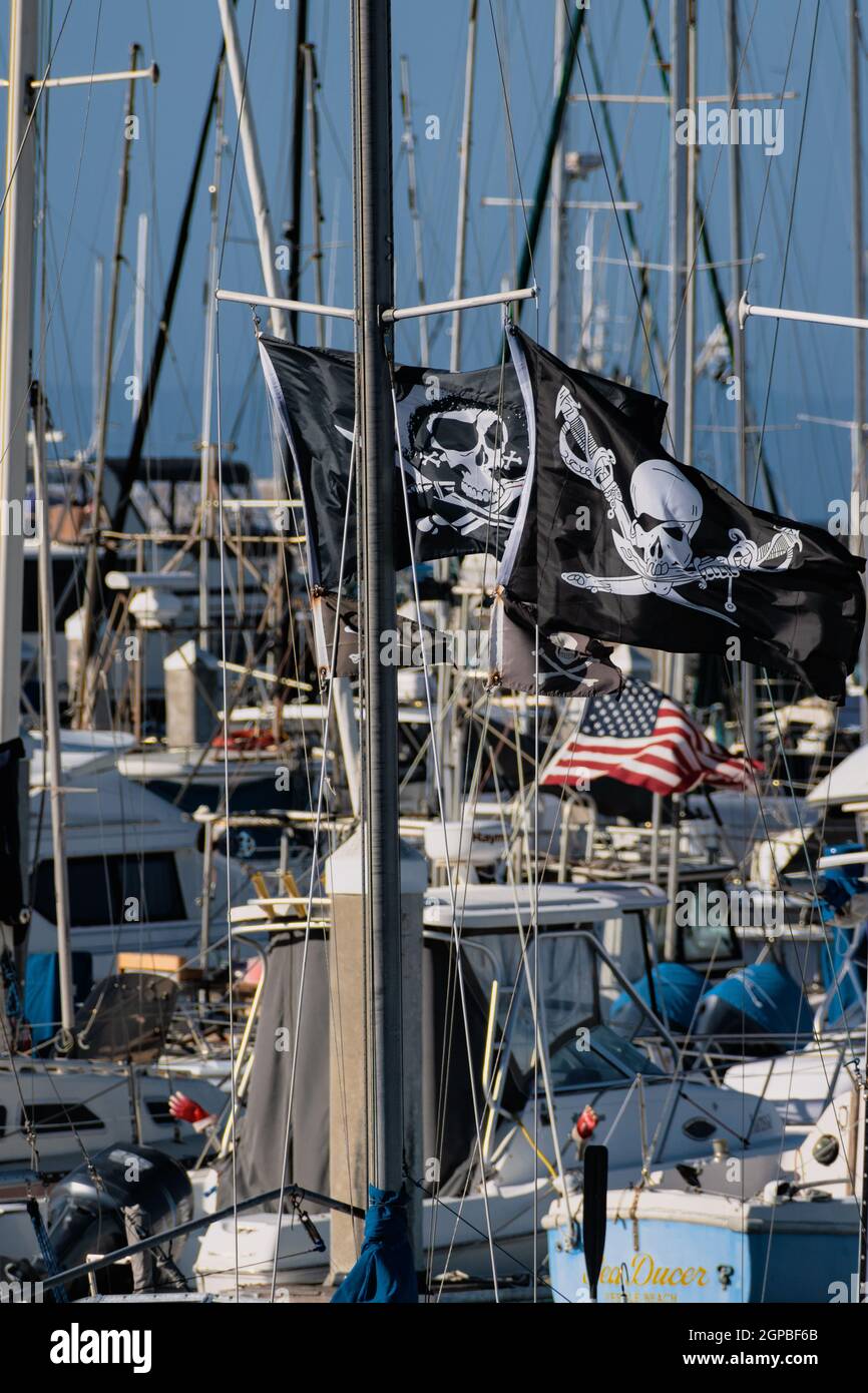 Pirate flags on a sail boat Stock Photo Alamy