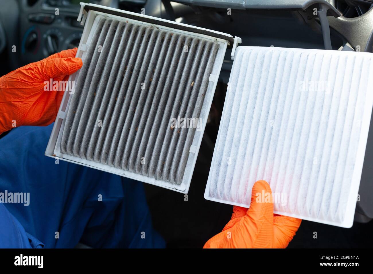 Old and new cabin pollen air filter for a car Stock Photo Alamy