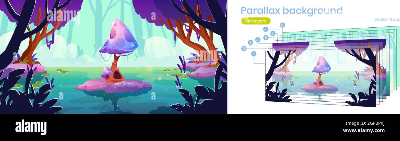 Parallax Background For Fantasy Game Huge Mushroom In Forest Pond Or Swamp 2d Landscape Alien Or Magic Nature Fairy Beautiful Fungus Cartoon Scenery View With Separated Layers Vector Illustration Stock Vector Image