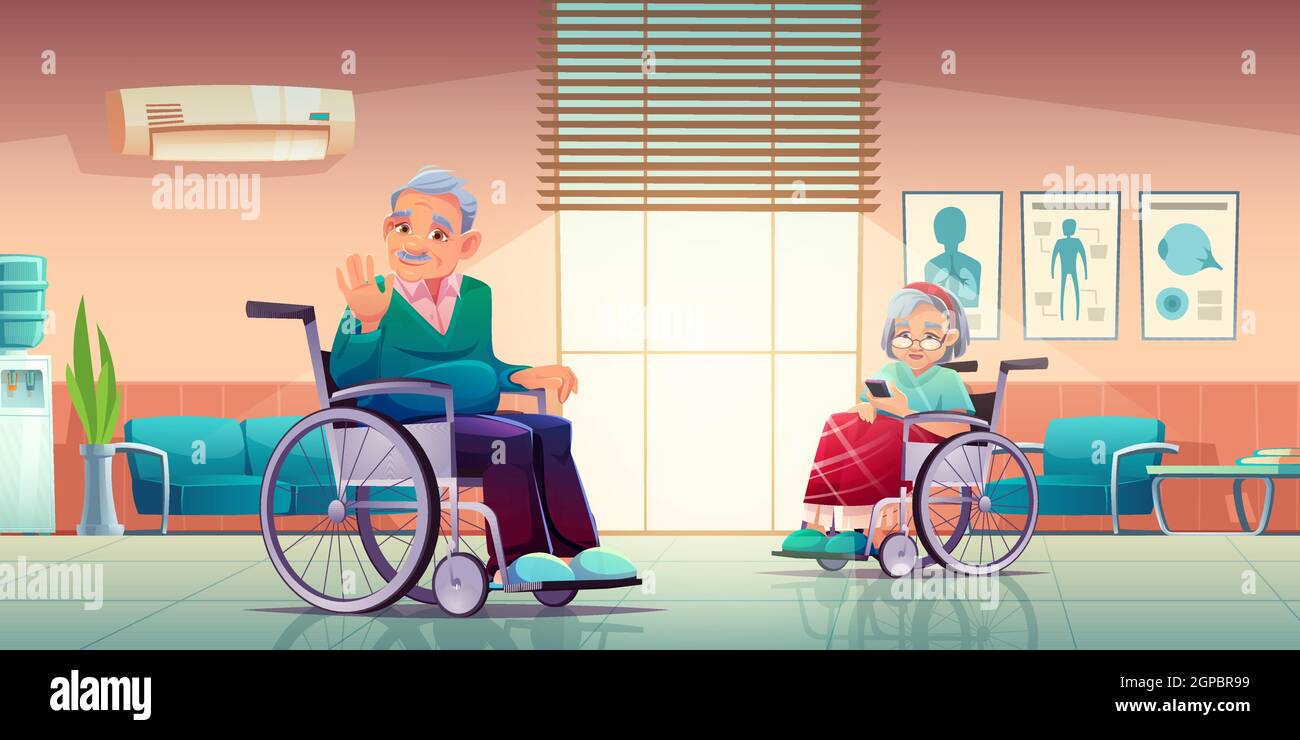 Senior disabled man and woman on wheelchair in nursing home or hospital. Old lady wrapped in plaid use phone, grey haired pensioner waving hand, helping to elderly people Cartoon vector illustration Stock Vector