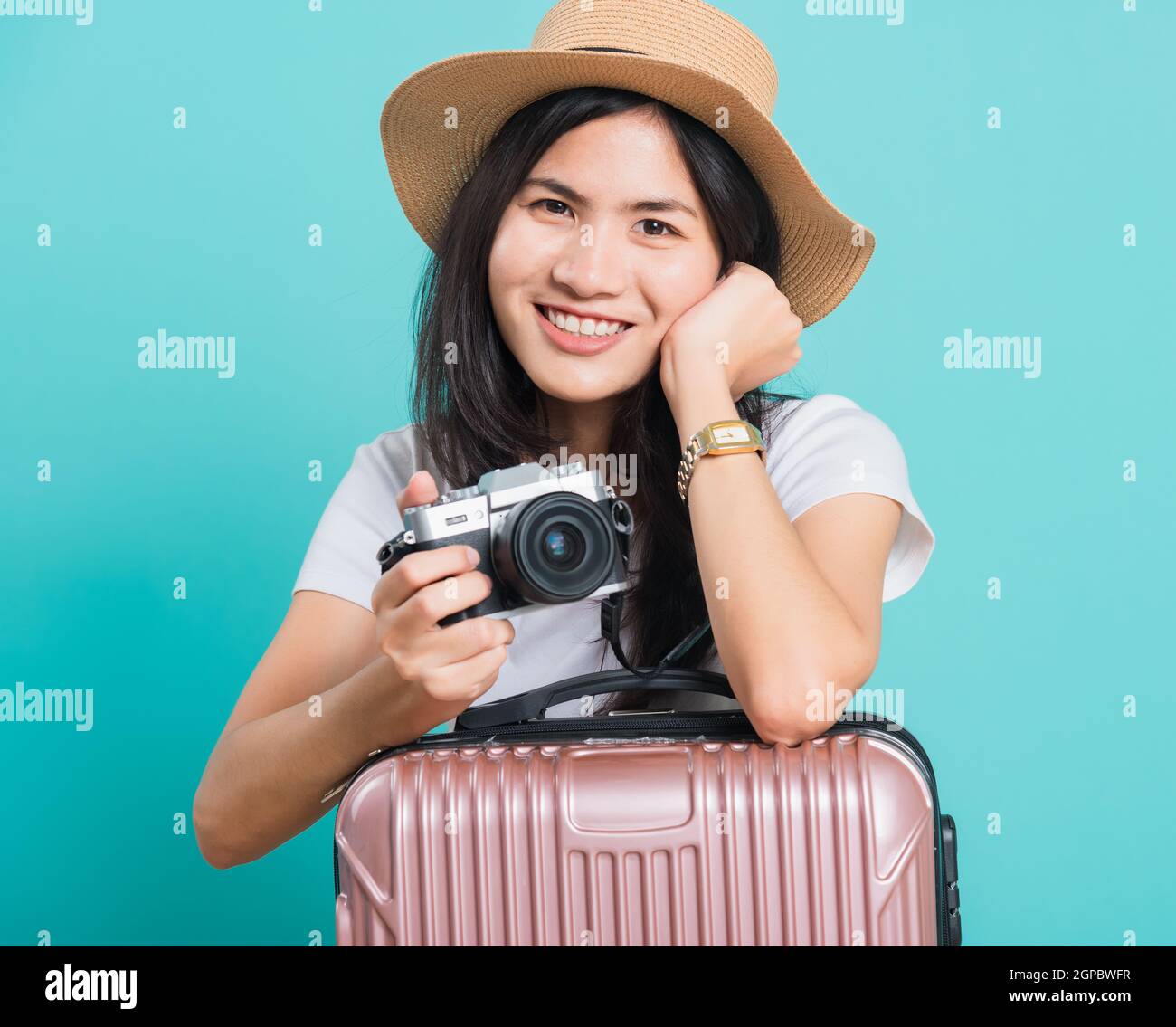 Traveler tourist happy Asian beautiful young woman sitting wear white t