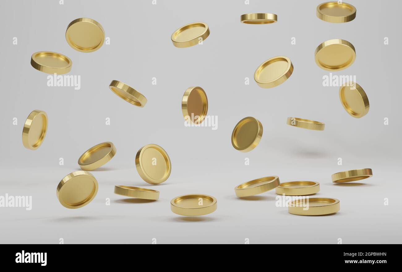 Falling golden coins on a white background. 3d rendering Stock Photo ...