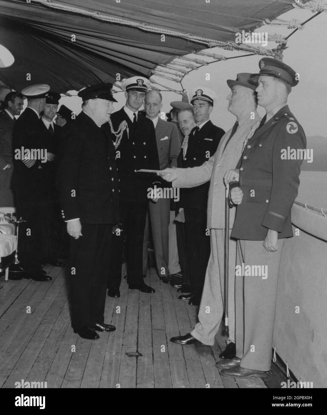 PLACENTIA BAY, NEWFOUNDLAND, CANADA - 09 August 1941 - Atlantic Charter Conference, 10-12 August 1941. Prime Minister Winston Churchill with President Stock Photo