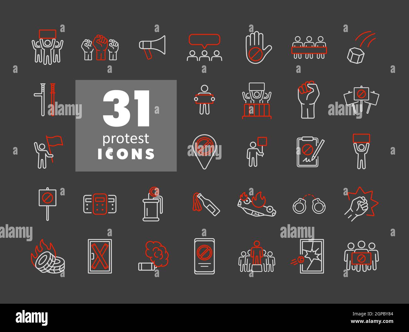 Protest, demonstration, strike, revolution set vector icons. Graph ...