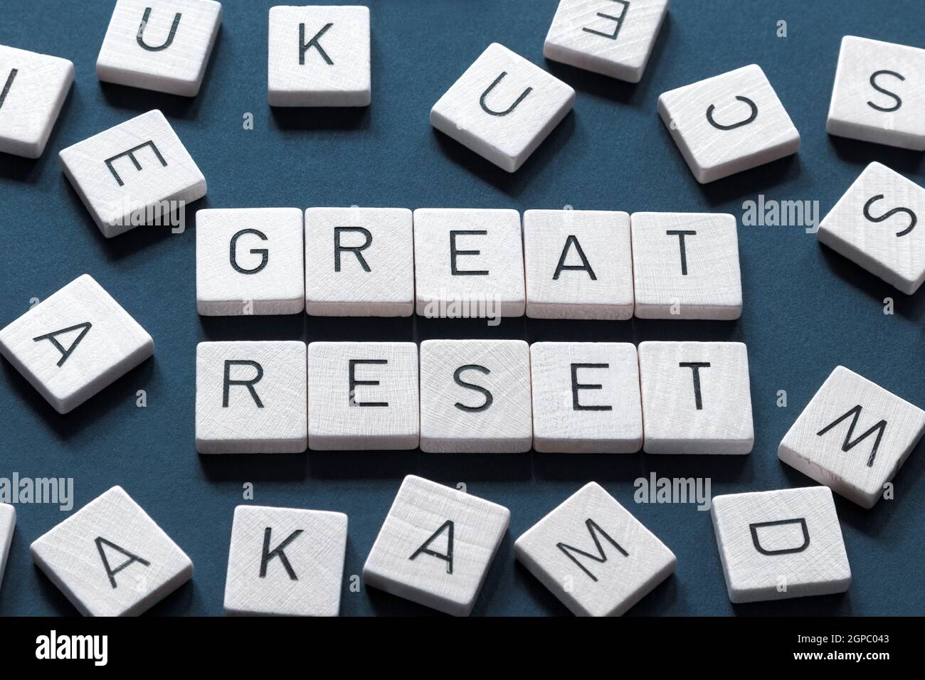 'Great Reset' is a term that stands for a certain social, economic and global order to be established after a crisis. Word and letters on blue backgro Stock Photo