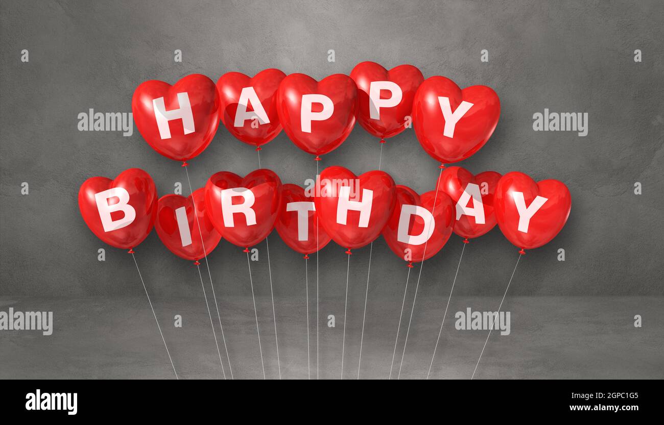 Red happy birthday heart shape air balloons on a grey background scene ...