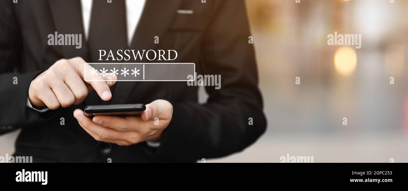 Mobile security concept. Businessman using mobile phone input Password for login. Pass code box in internet browser. Stock Photo