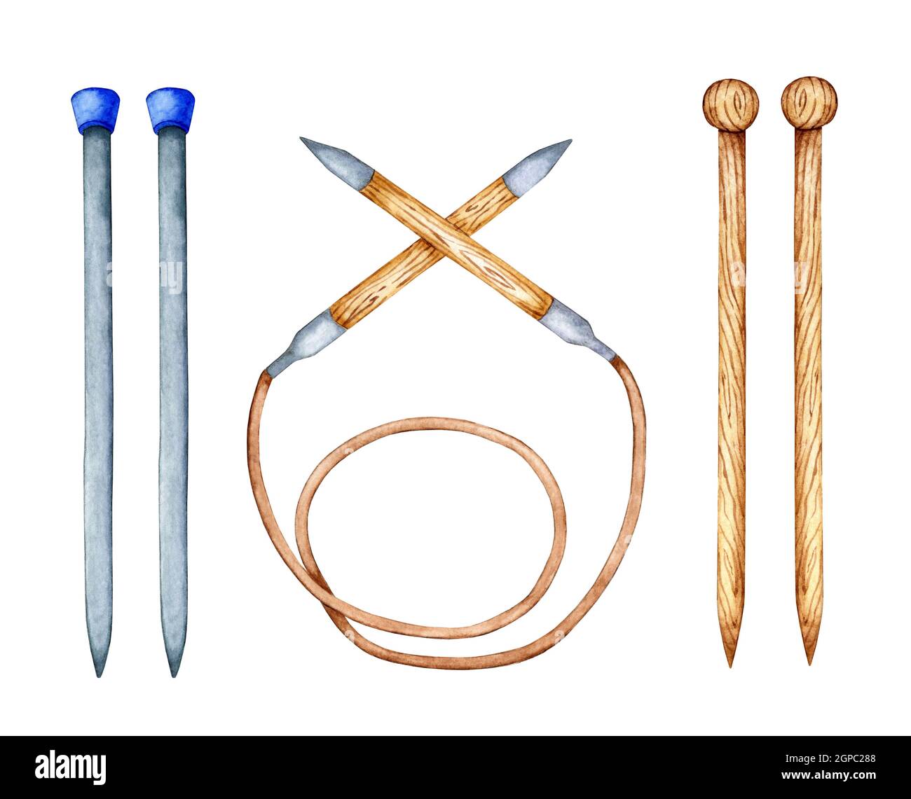 Watercolor illustration of a set of knitting needles. Wooden, metal and
