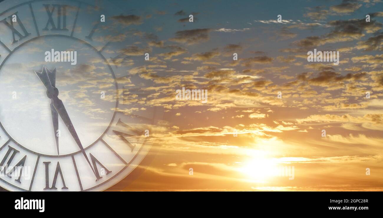 Double exposure of clock face in sunset sky. Time passing concept Stock ...