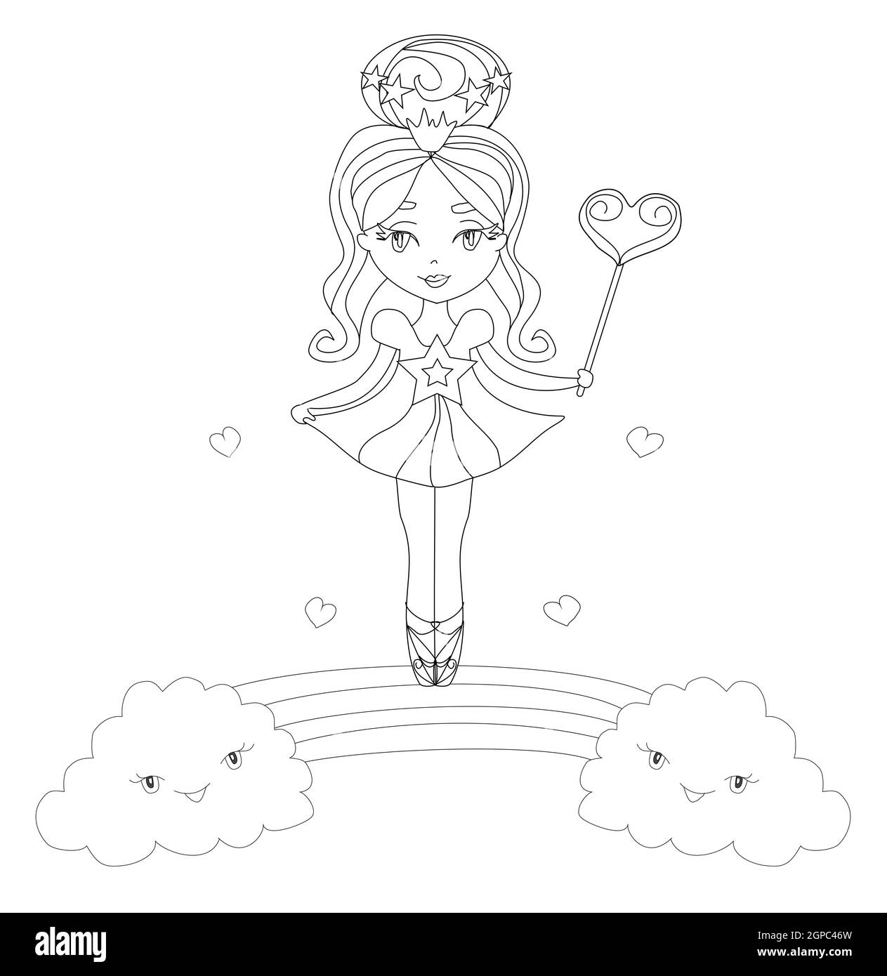 fairy stands on a rainbow - isolated illustration, coloring book Stock Photo
