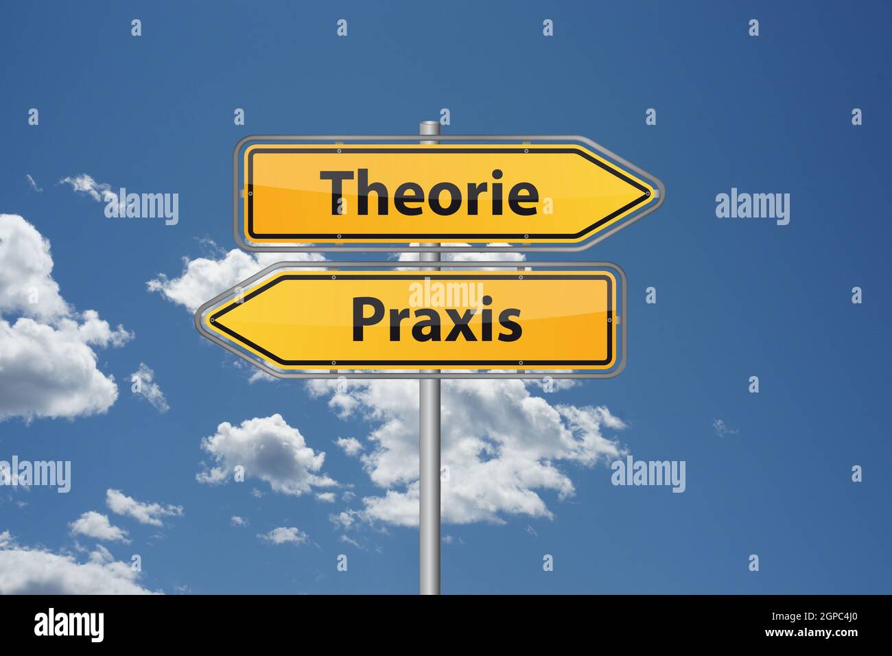 Theory or practice in German language Theorie oder Praxis on direction sign - knowhow learning Stock Photo