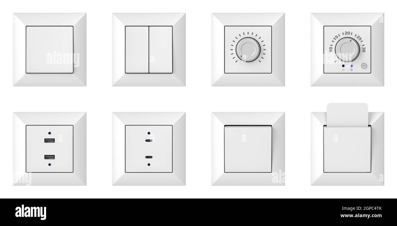Set of many wall light switches, USB sockets, analog thermostat and key card slot. Front view. Objects isolated on white background. Stock Photo