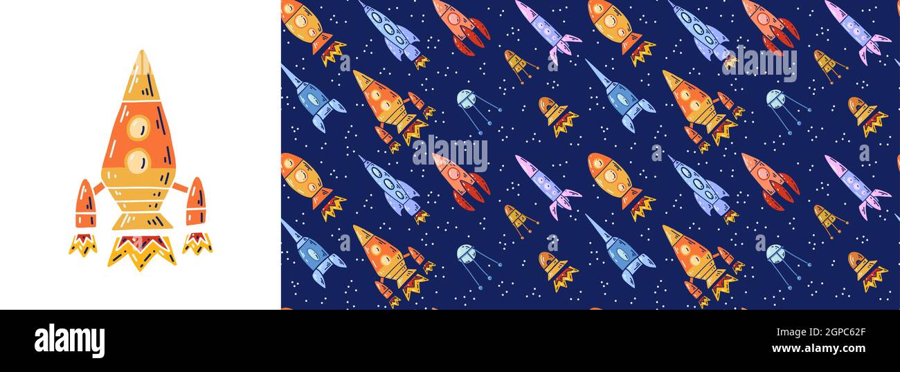 Set of card with rocket and seamless pattern with cartoon contour space ships and ufo flying diagonal up. Universe ships start up. Vector childish pos Stock Vector