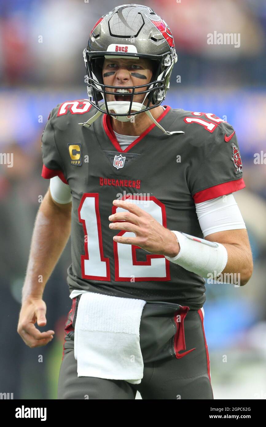 Sunday, September 26, 202; Inglewood, CA USA;  Tampa Bay Buccaneers quarterback Tom Brady (12) takes the field with his traditional “Let’s Go!” cheer prior to an NFL game against the Los Angeles Rams at SoFi Stadium. The Rams beat the Buccaneers  34-24. (Kim Hukari/Image of Sport) Stock Photo