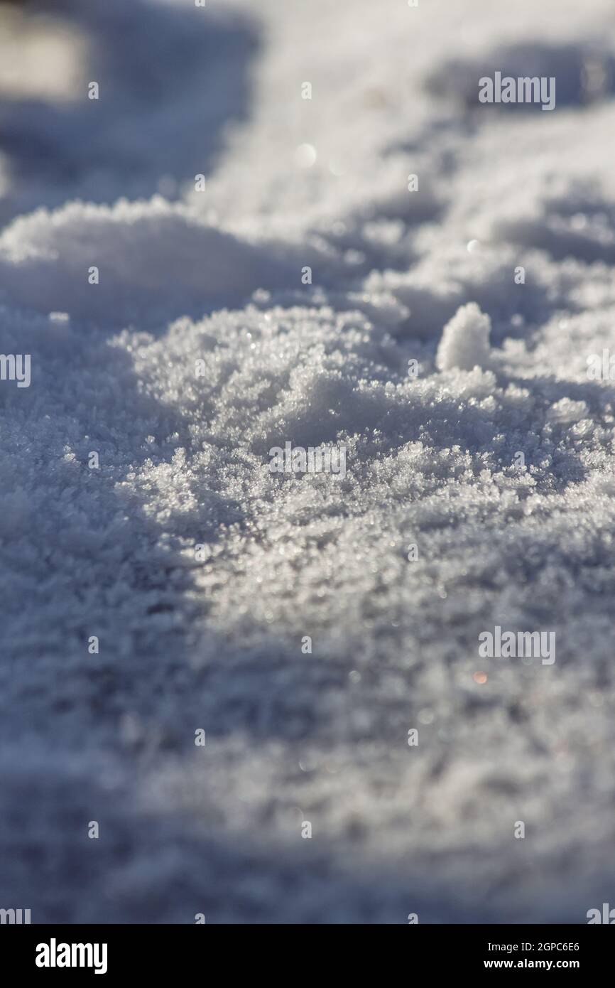 Close up of snow particles and flakes. Winter snow background Stock ...