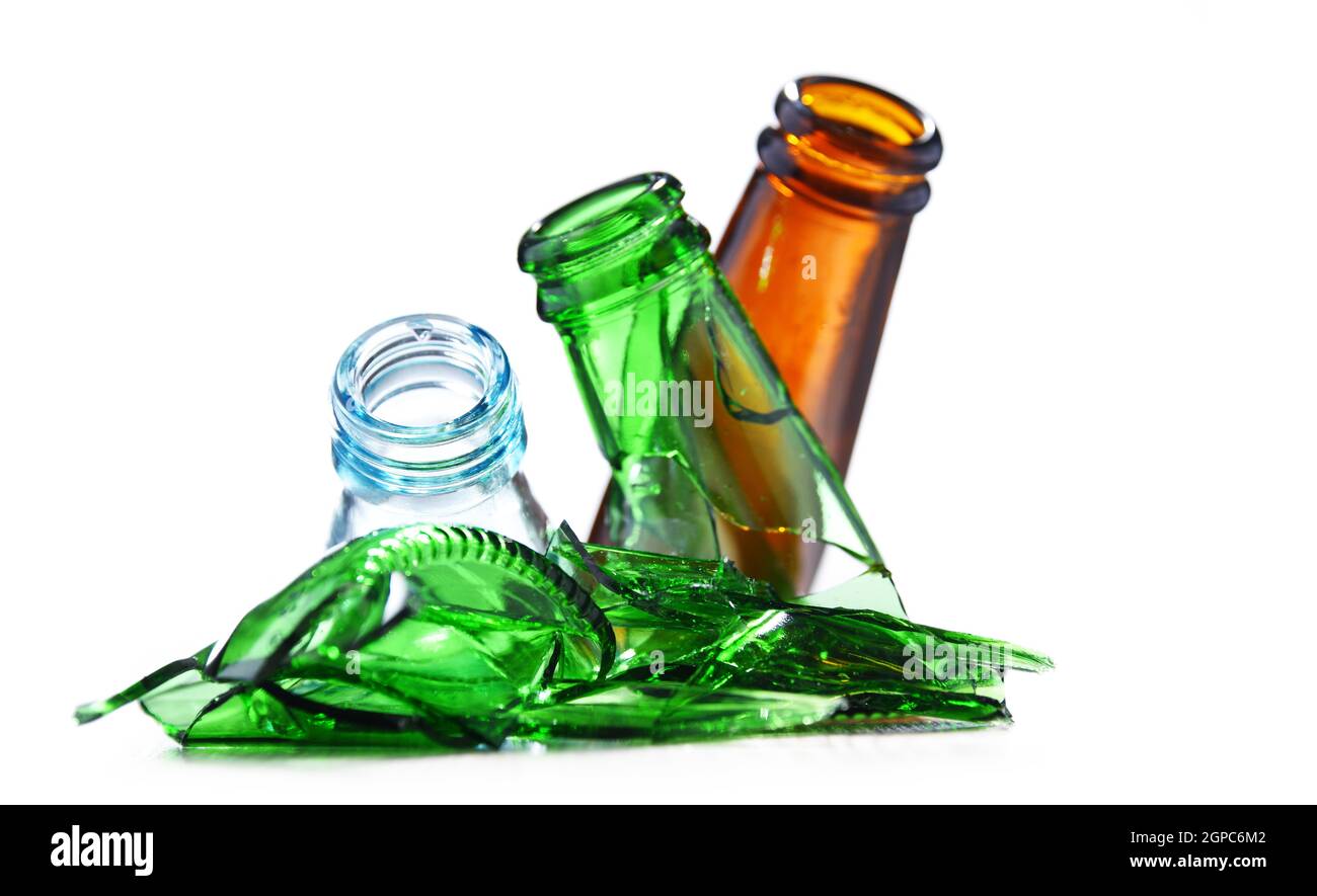 Broken glass bottles over white background. Recycling Stock Photo - Alamy