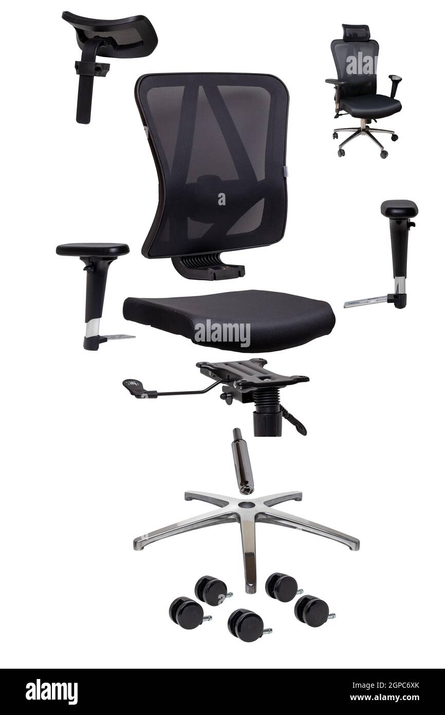 Components of an office chair. Closeup of a complete set of spare parts