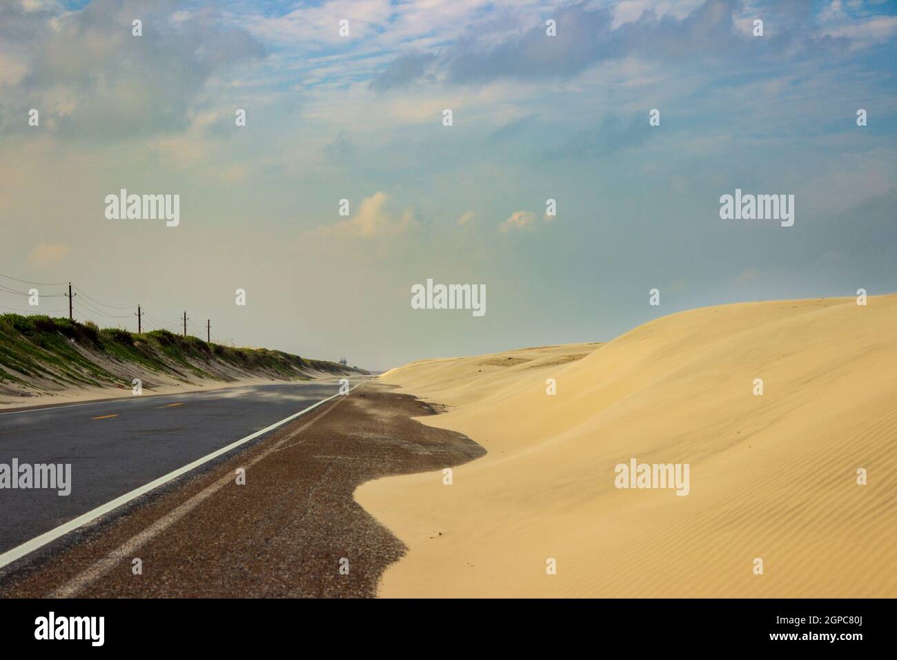 Shifting sand dunes line Ocean Boulevard north of South Padre Island, TX. Stock Photo