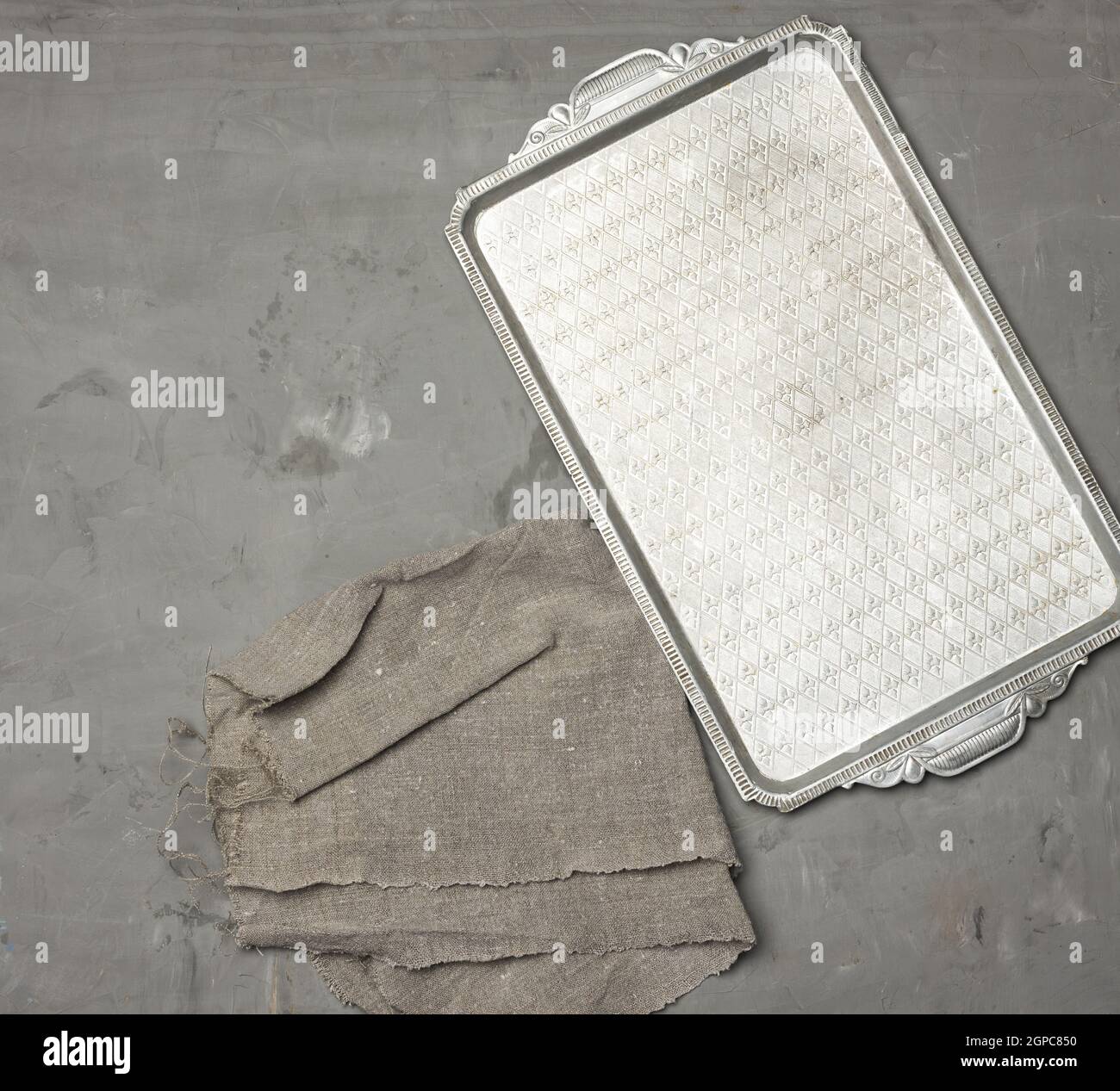 empty rectangular metal tray on gray background, top view Stock Photo