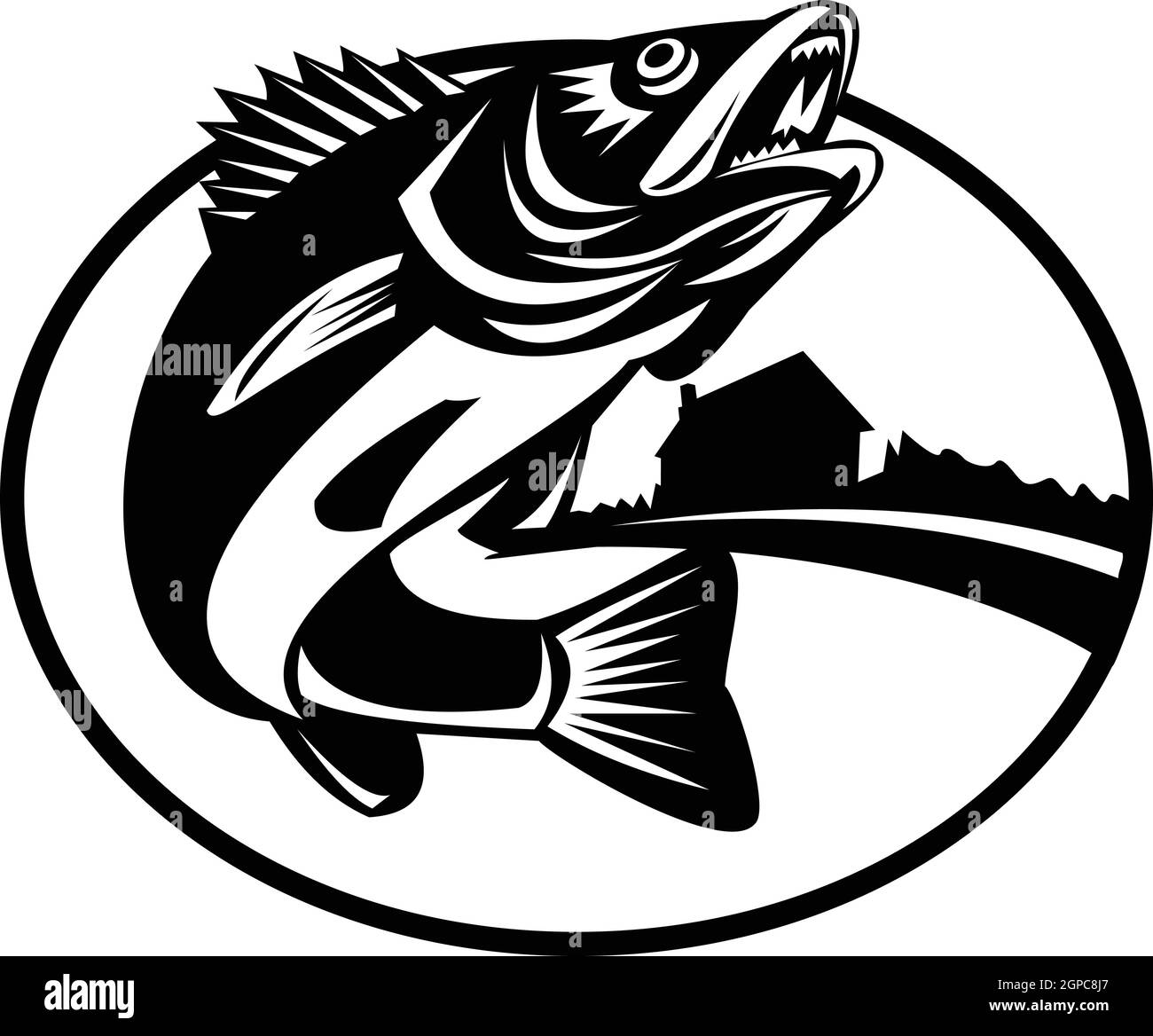 Illustration of a Walleye or Sander vitreus jumping  up with lake and cabin set inside oval done in retro black and white style. Stock Vector
