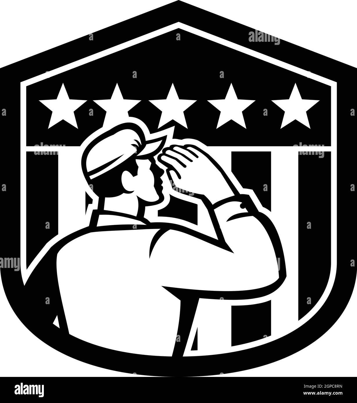 Illustration of an American soldier serviceman salute USA stars and stripes flag rear view set inside shield done in retro black and white badge style Stock Vector