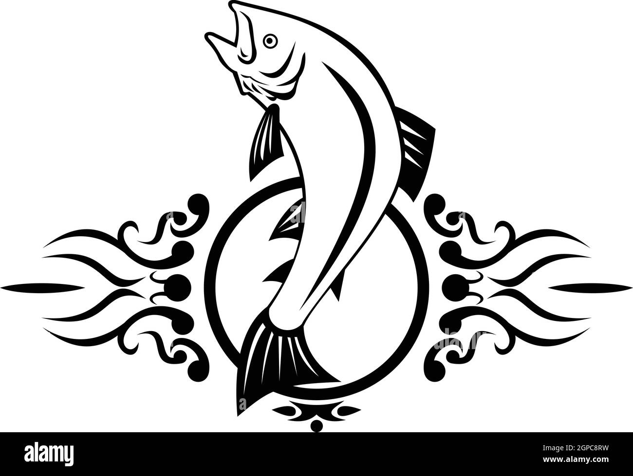 Illustration of a lake trout fish jumping up done in tribal tattoo style on isolated white background in black and white retro style. Stock Vector