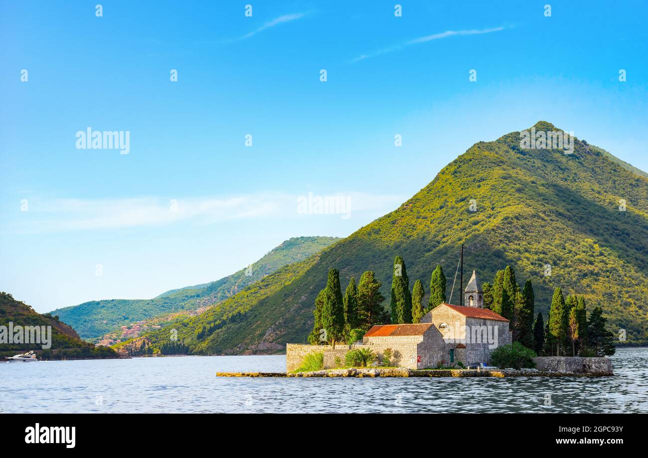 Evening sunlight on Saint George island in Perast, Montenegro Stock Photo