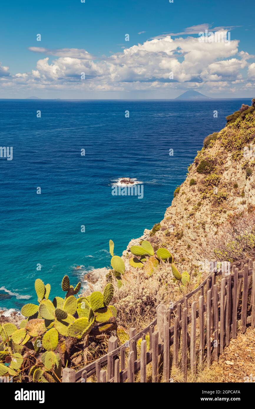 Rock cliff of cape Capo Vaticano with Aeolian Islands, Tyrrhenian Sea