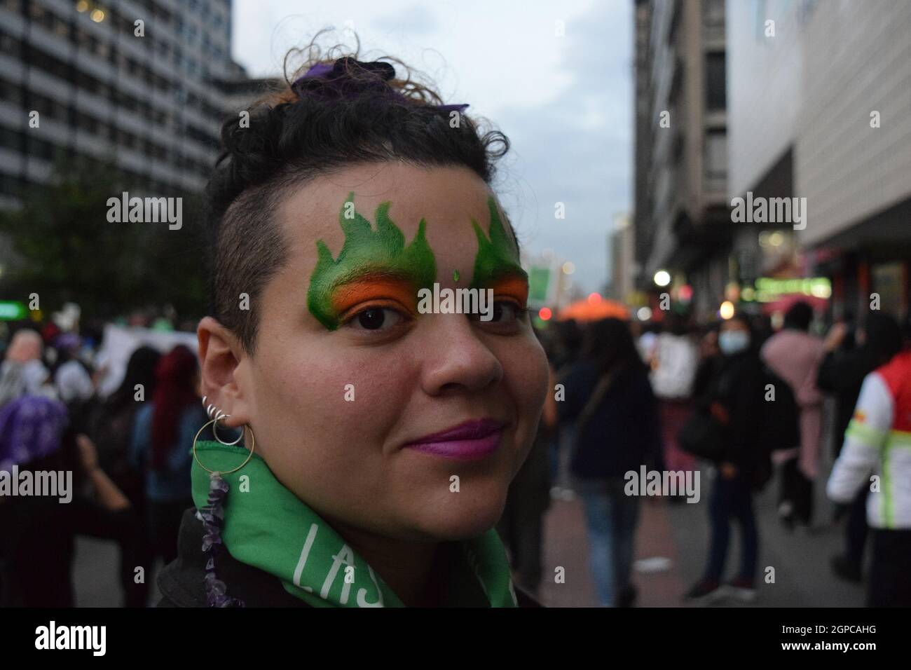 Bogota, Colombia. 28th Sep, 2021. A demonstrator poses for a portrait taken during a demonstration demanding the decriminalization of abortion during the Global Day of Action for Legal and Safe Abortion in Latin America and the Caribbean in Bogota on September 28, 2021. Credit: Long Visual Press/Alamy Live News Stock Photo