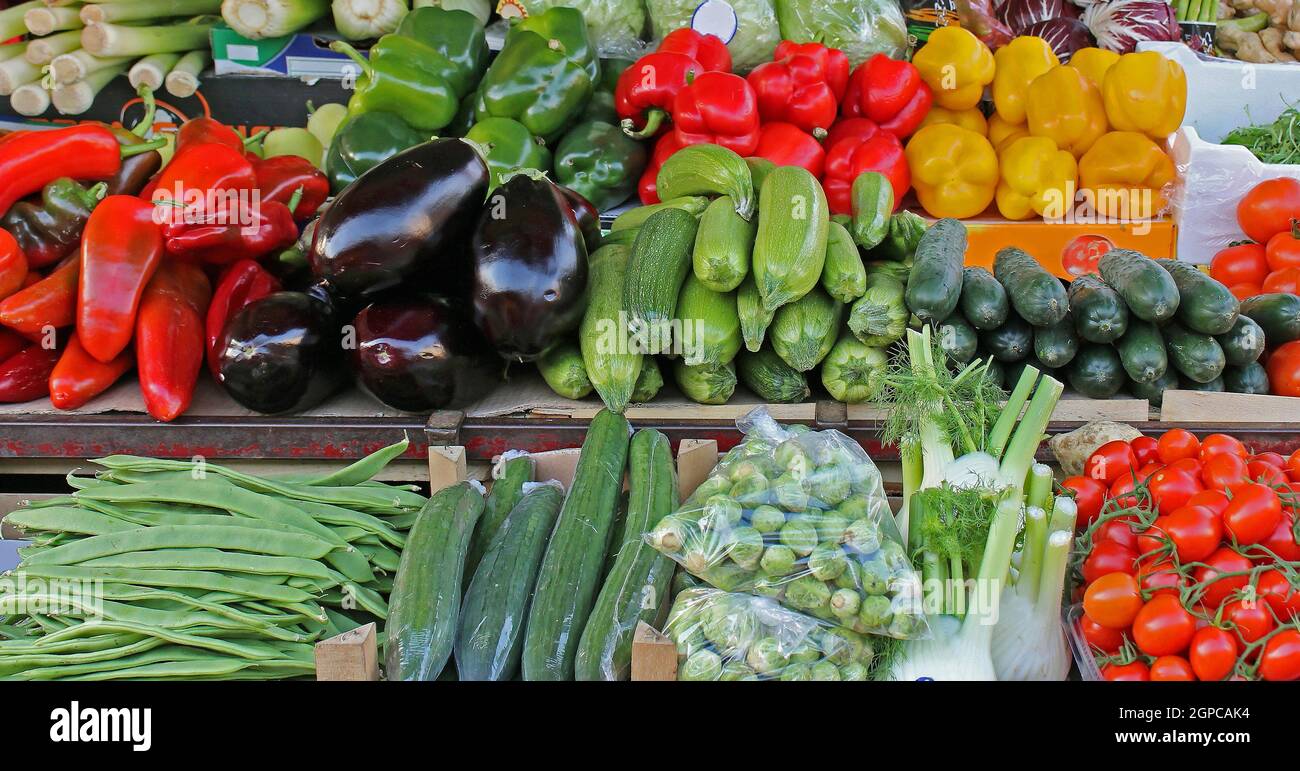 Colorful fresh organic vegetables outside on market stall Stock Photo ...