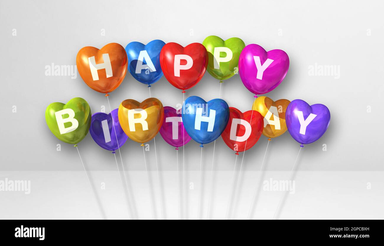 Colorful happy birthday heart shape air balloons on a white background ...