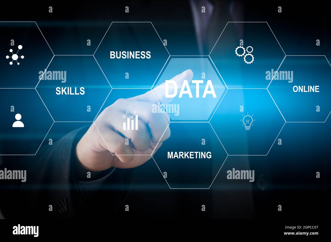 Man hand touching data word with icon business virtual screen concept. Stock Photo