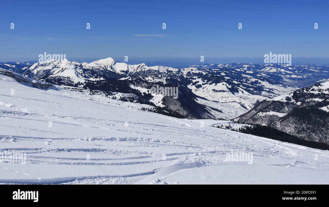 Mount Grosser Speer seen from the Chaserrugg ski area. Stock Photo
