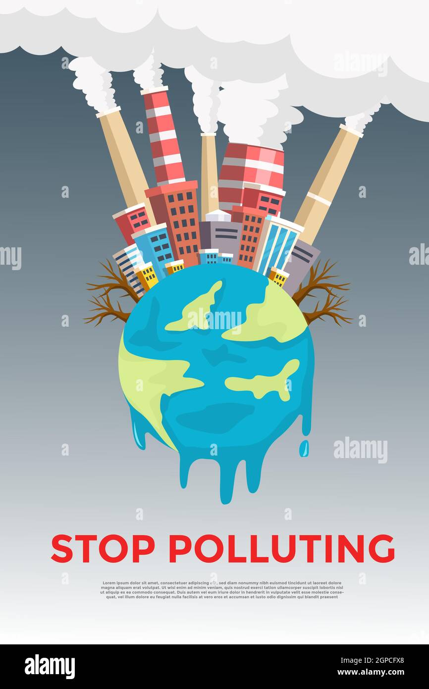 vector illustration banner poster environment city with highly air polluted  from a factory chimney, and melted earth. global warming, climate change  Stock Vector Image & Art - Alamy