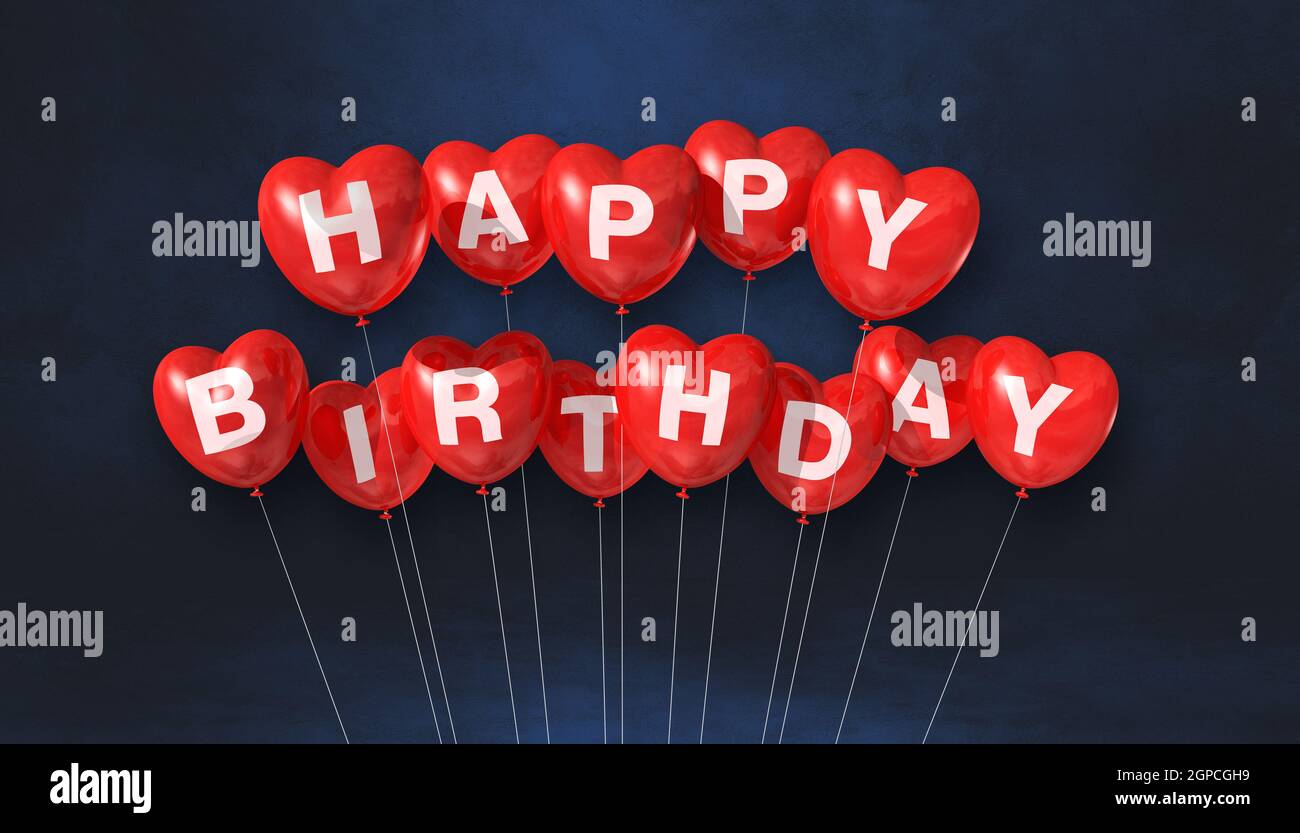 Red happy birthday heart shape air balloons on a black background scene ...