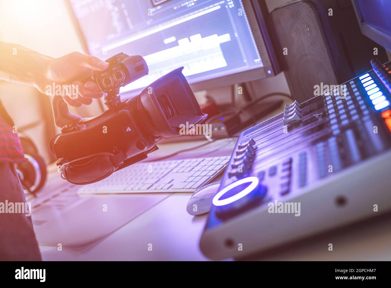 Video editing, recording and cutting room with monitors, camera and