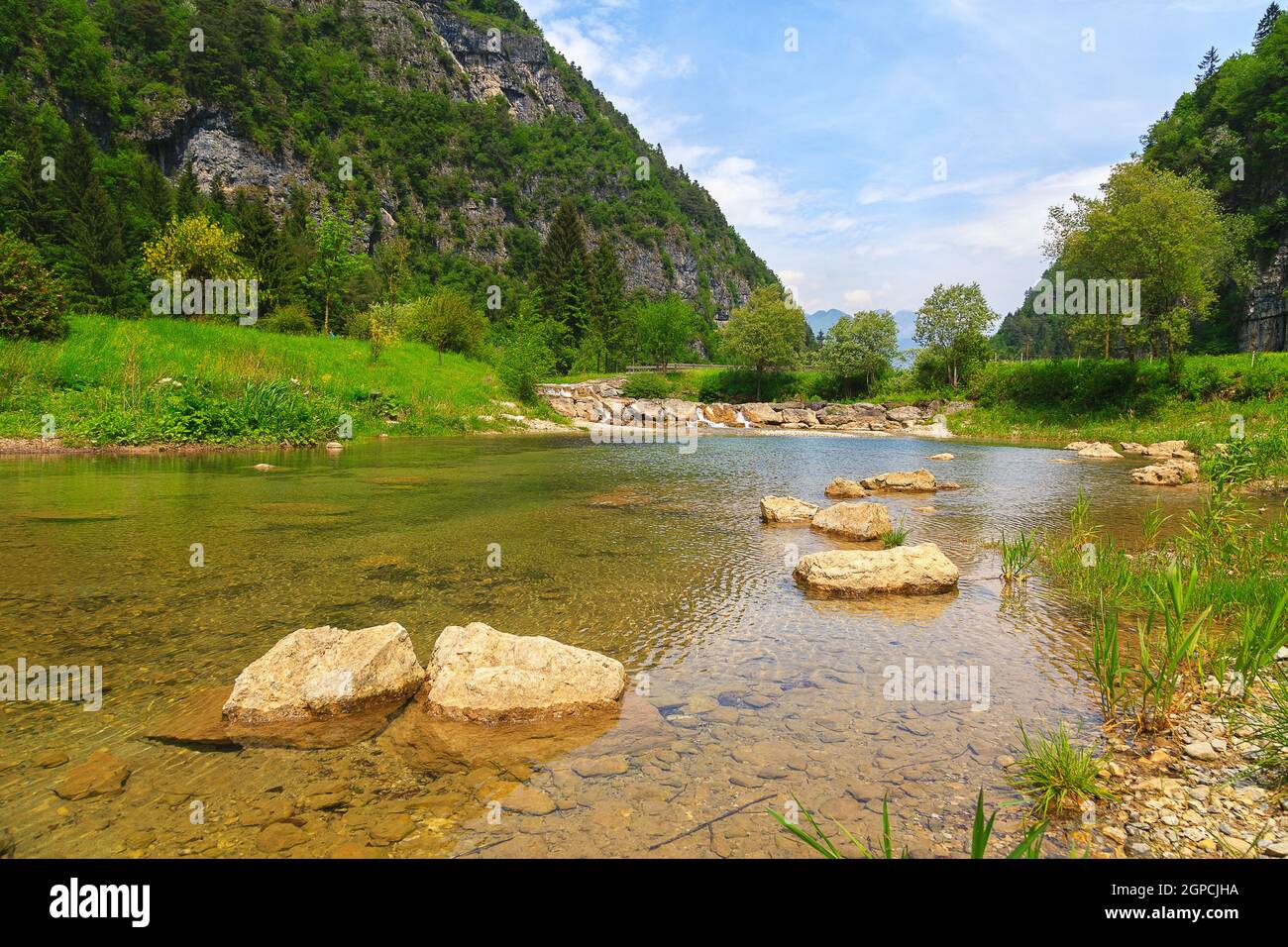 Panoramic natural landscapes. Wide-open spaces. Bagolino, Gaver locality, Valle Sabbia, Lombardy region in Italy. Stock Photo